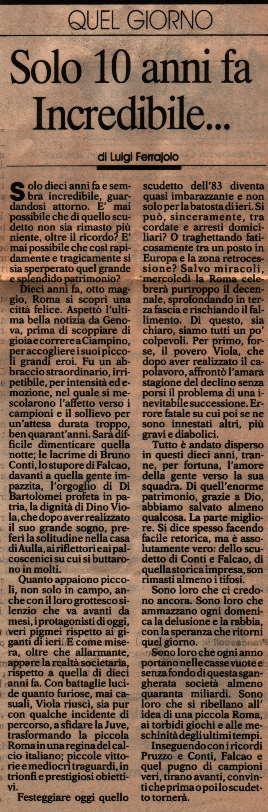 Ritaglio giornale Roma-Torino